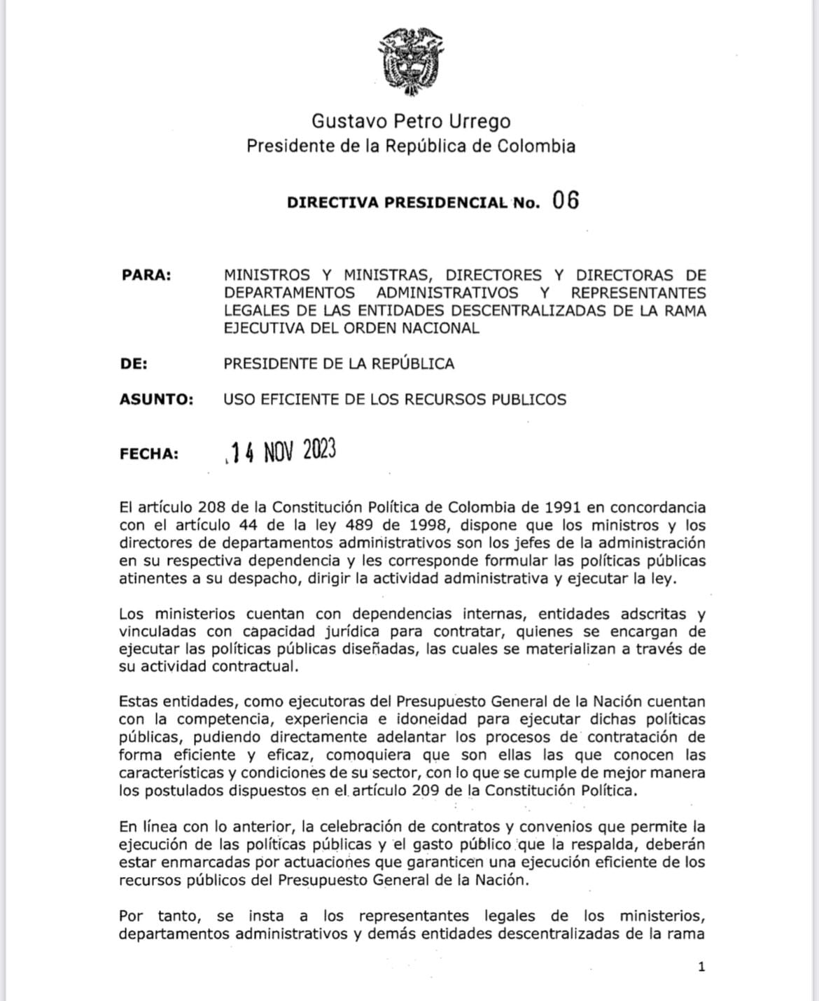 Directiva presidente Petro ministerios