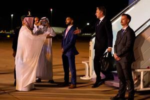 U.S. Secretary of State Antony Blinken arrives in Riyadh, Saudi Arabia, Friday Oct. 13, 2023, and is greeted by MFA Undersecretary for Protocol Affairs Abdulmajeed Alsmari after stops in Jordan, Qatar, and Bahrain in the same day. (AP Photo/Jacquelyn Martin, Pool)