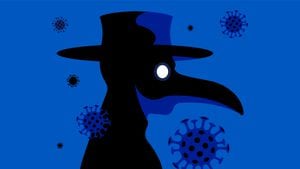 Comparación de coronavirus y peste. El médico de la peste, personaje de teatro con máscara antigua. Símbolo del coronavirus en el aire. Concierto de epidemias, enfermedades y tratamiento. Foto: Getty Images.