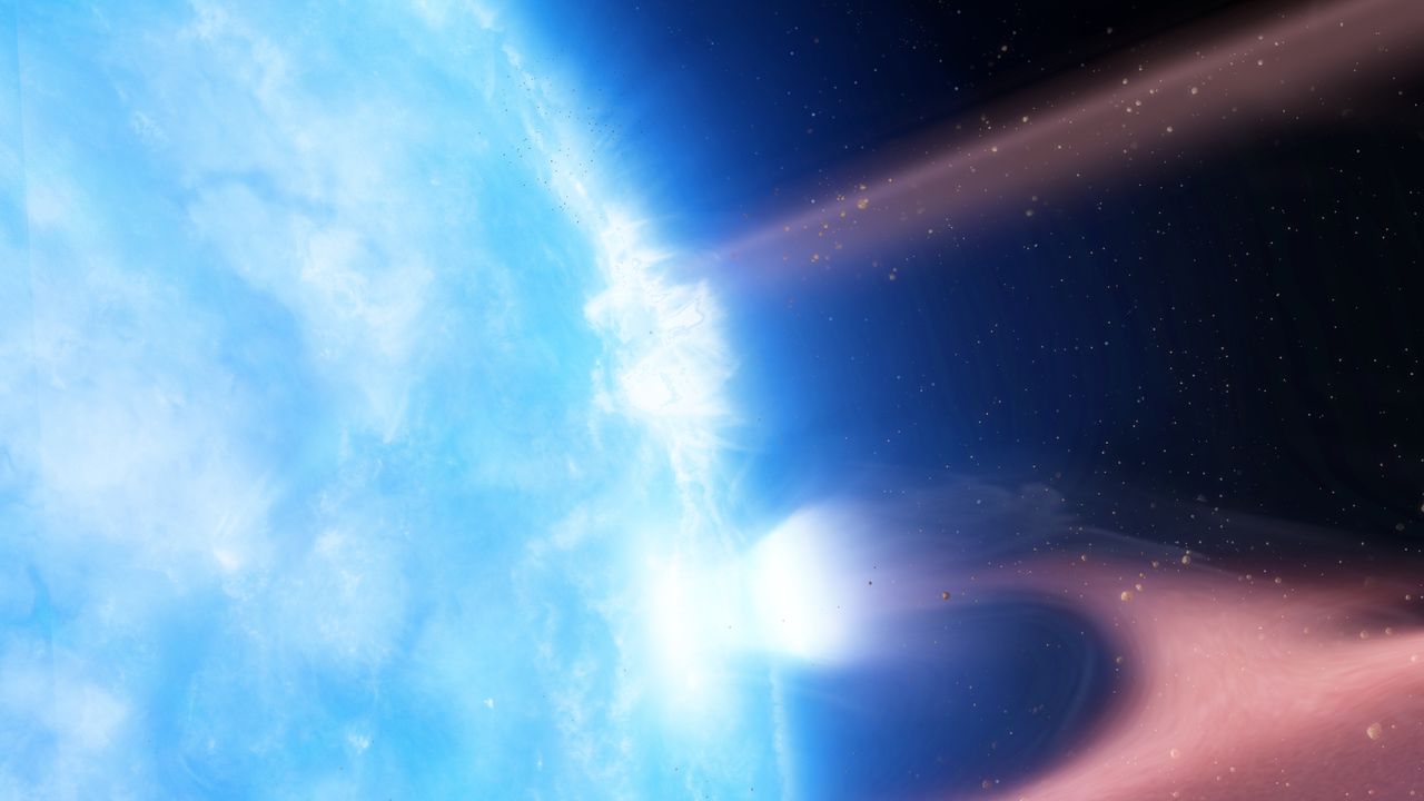 An impression of the high-mass X-ray binary called Cygnus X-1. It consists of a blue supergiant star (right) called HDE 226868, orbiting what is in all likelihood a black hole. The black hole is sucking gas from the blue star's atmosphere, leading to the formation of an accretion disc around the black hole.