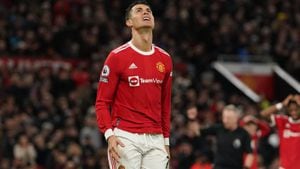 Manchester United's Cristiano Ronaldo reacts after missing an opportunity during the Premier League match at Old Trafford, Manchester. Picture date: Saturday March 12, 2022. (Photo by Martin Rickett/PA Images via Getty Images)