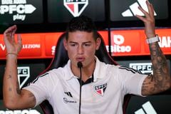 Soccer player James Rodriguez speaks during his media presentation in Sao Paulo, Brazil, Tuesday, Aug. 1, 2023. The 32-year-old Colombian attacking midfielder, a former Real Madrid and Bayern Munich player, has signed a two-year contract with Sao Paulo FC. (AP Photo/Andre Penner)