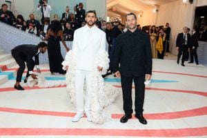 NEW YORK, NEW YORK - MAY 01: (L-R) Bad Bunny and Simon Porte Jacquemus attends The 2023 Met Gala Celebrating "Karl Lagerfeld: A Line Of Beauty" at The Metropolitan Museum of Art on May 01, 2023 in New York City.   Dimitrios Kambouris/Getty Images for The Met Museum/Vogue/AFP (Photo by Dimitrios Kambouris / GETTY IMAGES NORTH AMERICA / Getty Images via AFP)