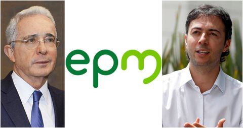 El expresidente Álvaro Uribe. logo de EPM y Daniel Quintero, alcalde de Medellín
