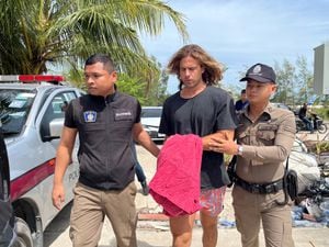 Daniel Sancho Bronchalo, the son of Spanish actor Rodolfo Sancho Aguirre is escorted while assisting Thai police with investigations after he was arrested on charges of murder in the death and dismemberment of his Colombian travelling companion Edwin Arrieta Arteaga on the tourist island of Koh Phangan, Thailand August 7, 2023. REUTERS/Stringer