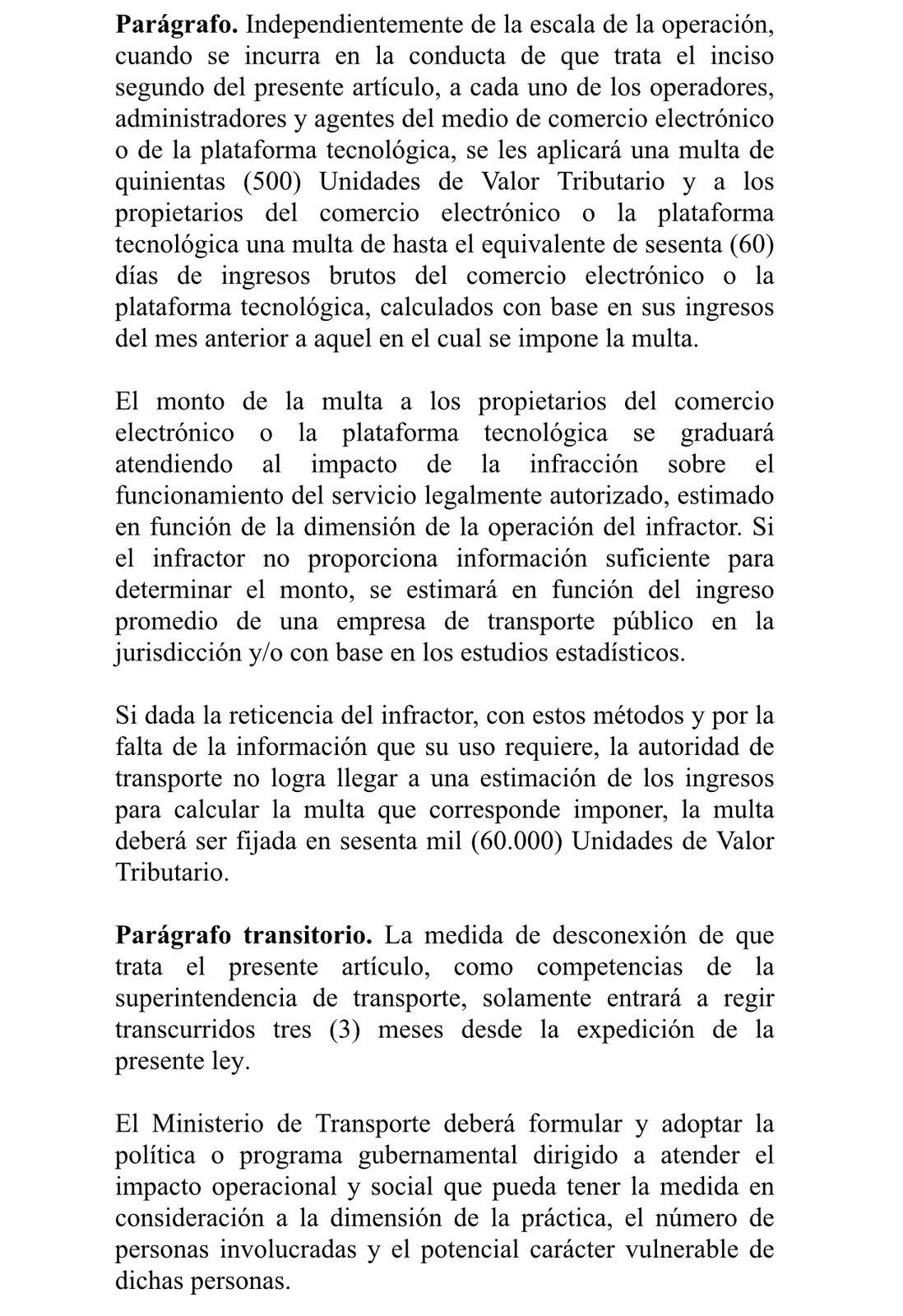 Fragmento del borrador del proyecto de ley sobre la regulación de las plataformas de transporte.