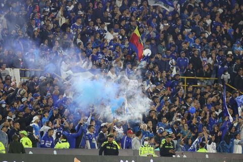 Fans of Millonarios F.C. in the match for the 26th date, quadrangular semifinals, as part of the Liga BetPlay DIMAYOR I 2023 played at the Nemesio Camacho El Campin stadium in the city of Bogota. (Photo by Daniel Garzon Herazo/NurPhoto via Getty Images)