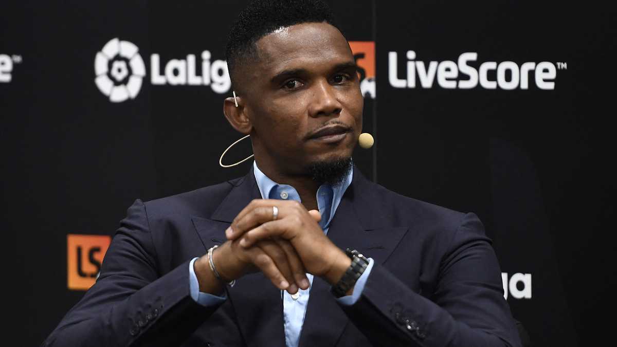 (FILES) In this file photo taken on September 12, 2019 Cameroonian football player Samuel Eto'o attends a conference about speed and innovation in football in Madrid. - Cameroon football legend Samuel Eto'o owes nearly one million euros in taxes from his time in Spain, local authorities said on December 27, 2021. The 40-year-old, who earlier this month was elected president of the Cameroon Football Federation, appeared on a list published by the Spanish tax office of people and companies that owe over 600,000 euros ($678,000). (Photo by PIERRE-PHILIPPE MARCOU / AFP)