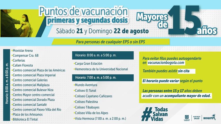 Bogotá: Estos son los puntos de vacunación para este domingo 22 de agosto