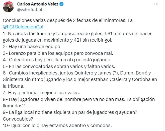 Carlos Antonio Vélez y sus conclusiones tras el debut en las Eliminatorias.