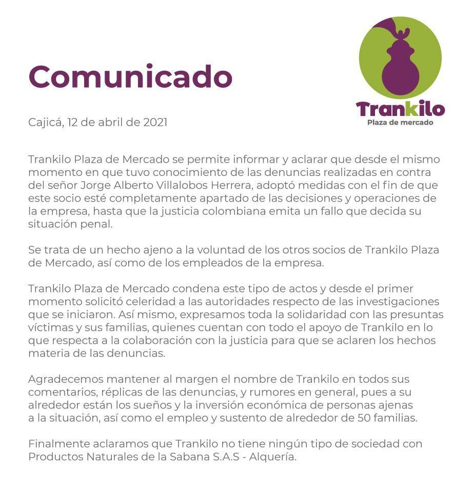 Comunicado de prensa del restaurante "Trankilo", acerca de los hechos que rodearon a las denuncias contra Jorge Villalobos.