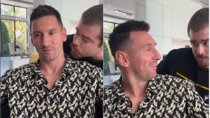 Lionel Messi y su reacción al ser besado por un comediante.