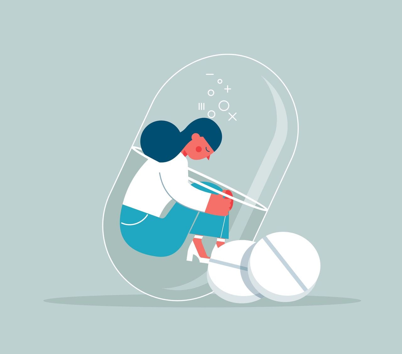 Mujer paciente con depresión ahogándose en medicamentos sentada dentro de una botella - Ilustración de referencia