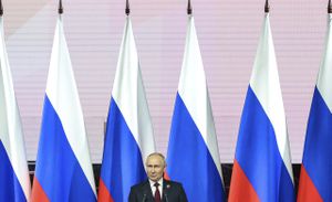 Russian President Vladimir Putin speaks during the official ceremony to welcome leaders of delegations to Russia-Africa Summit in St. Petersburg, Russia, Thursday, July 27, 2023. (Sergei Bobylev/TASS Host Photo Agency Pool Photo via AP)
