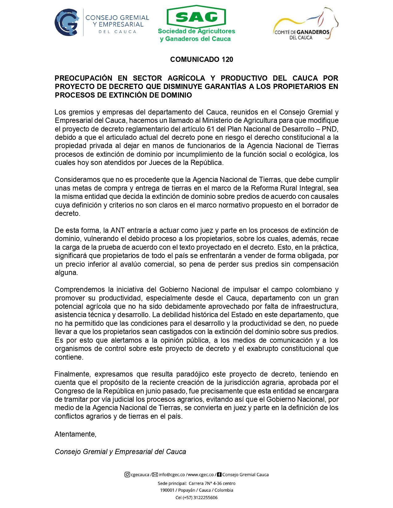 Comunicado del Consejo Gremial y Empresarial del Cauca sobre el borrador de proyecto