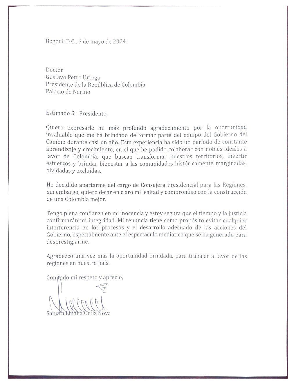 Esta es la carta de renuncia de la Alta Consejera para las Regiones, Sandra Ortiz.
