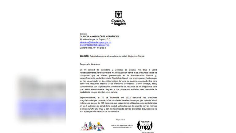 Esta es la carta que la concejal Diana Diago envió a la alcaldesa Claudia López.