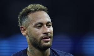 PSG's Neymar reacts during the Champions League Group H soccer match between Paris Saint Germain and Maccabi Haifa, at the Parc des Princes stadium, in Paris, France, Tuesday, Oct. 25, 2022. (AP Photo/Christophe Ena)