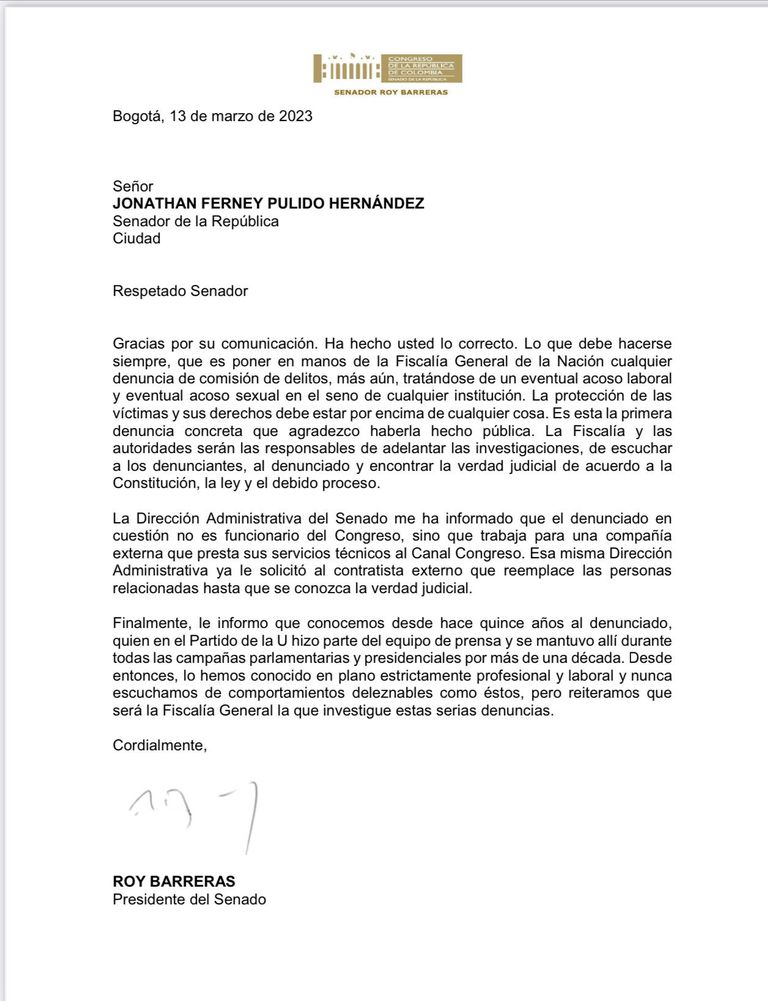 Carta de Roy Barreras a Jota Pe Hernández sobre el escándalo de Jhon Jairo Uribe.