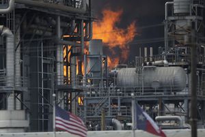 A fire burns at a Shell chemical facility in Deer Park, Friday, May 5, 2023 east of Houston. A chemical plant in the Houston area has caught fire, sending a huge plume of smoke into the sky. The Harris County Sheriff’s Office said Friday the fire was at a Shell USA Inc. facility in Deer Park, a suburb east of Houston. (Elizabeth Conley/Houston Chronicle via AP)