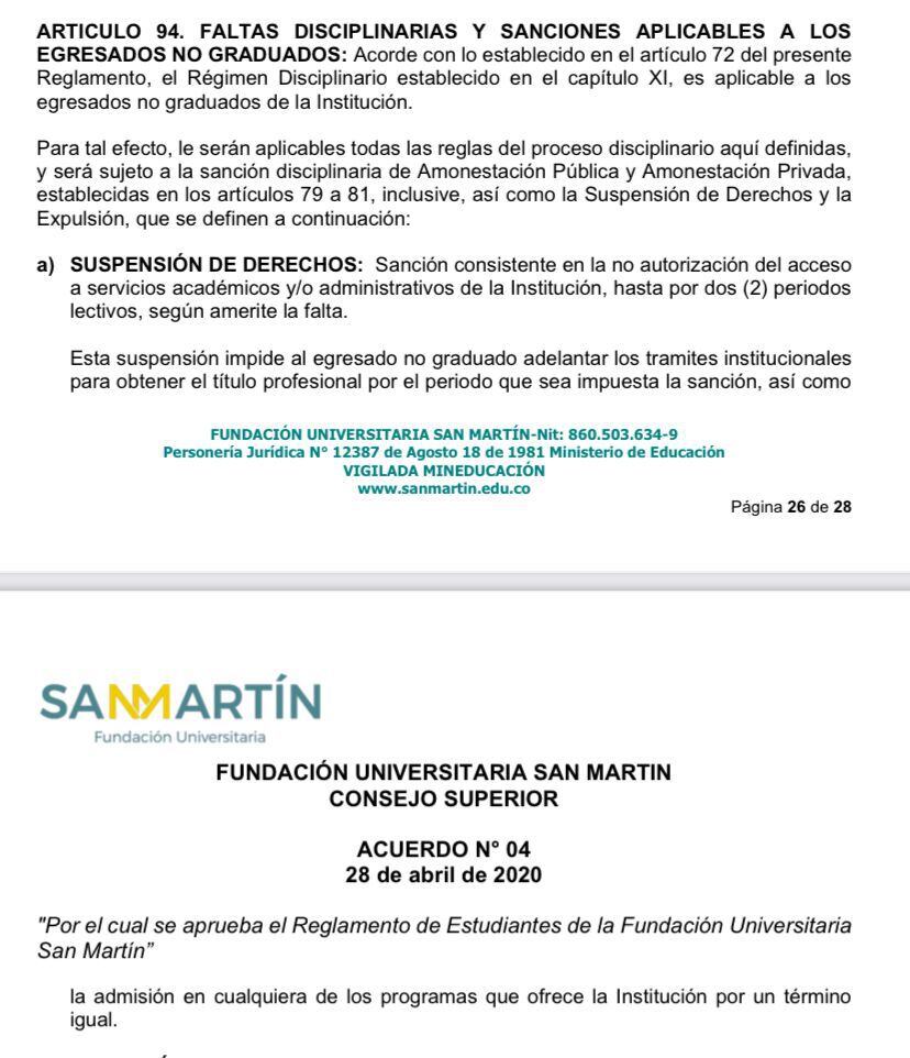 Reglamento estudiantil Fundación Universitaria San Martin