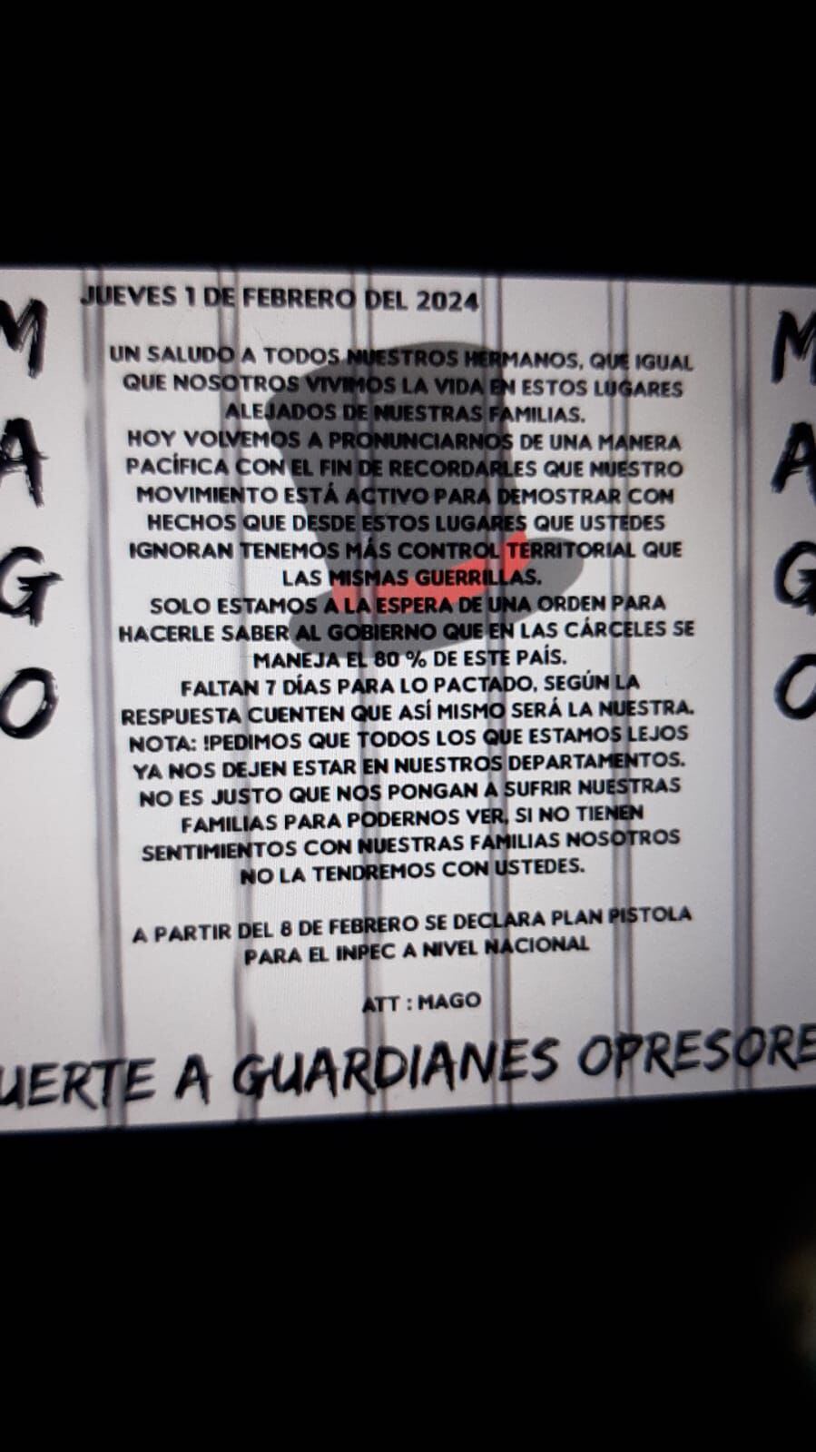 Panfleto de los Magos donde amenazan con plan candado a los guardias del Inpec a nivel nacional.