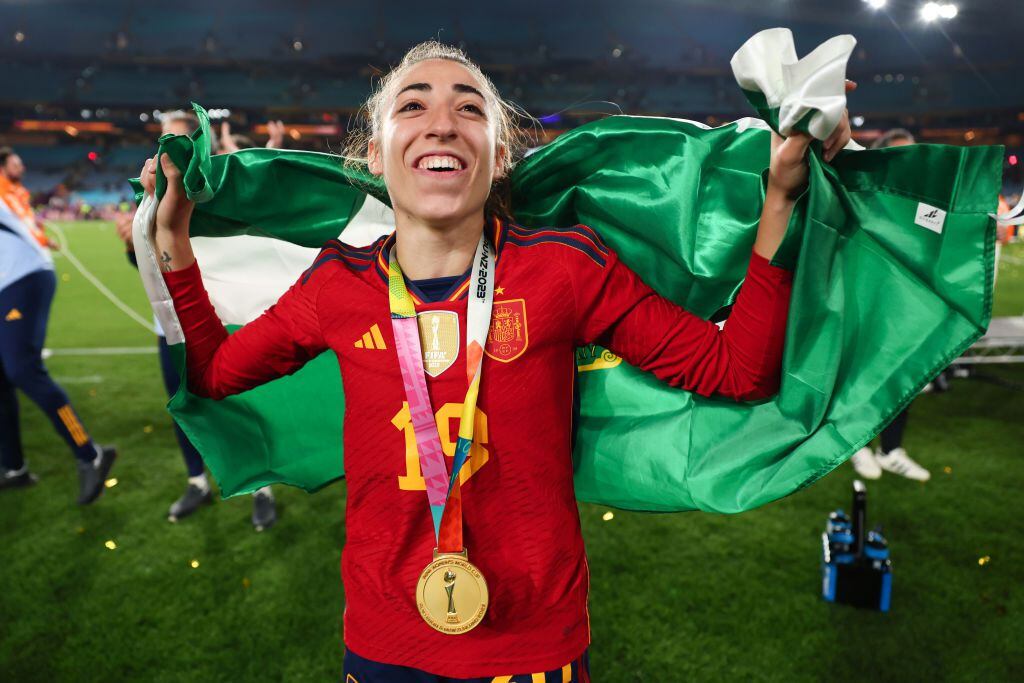 SYDNEY, AUSTRALIA - AUGUST 20: Olga Carmona of Spain celebrates after the FIFA Women's World Cup Australia & New Zealand 2023 Final match between Spain and England at Stadium Australia on August 20, 2023 in Sydney, Australia. (Photo by Marc Atkins/Getty Images,)