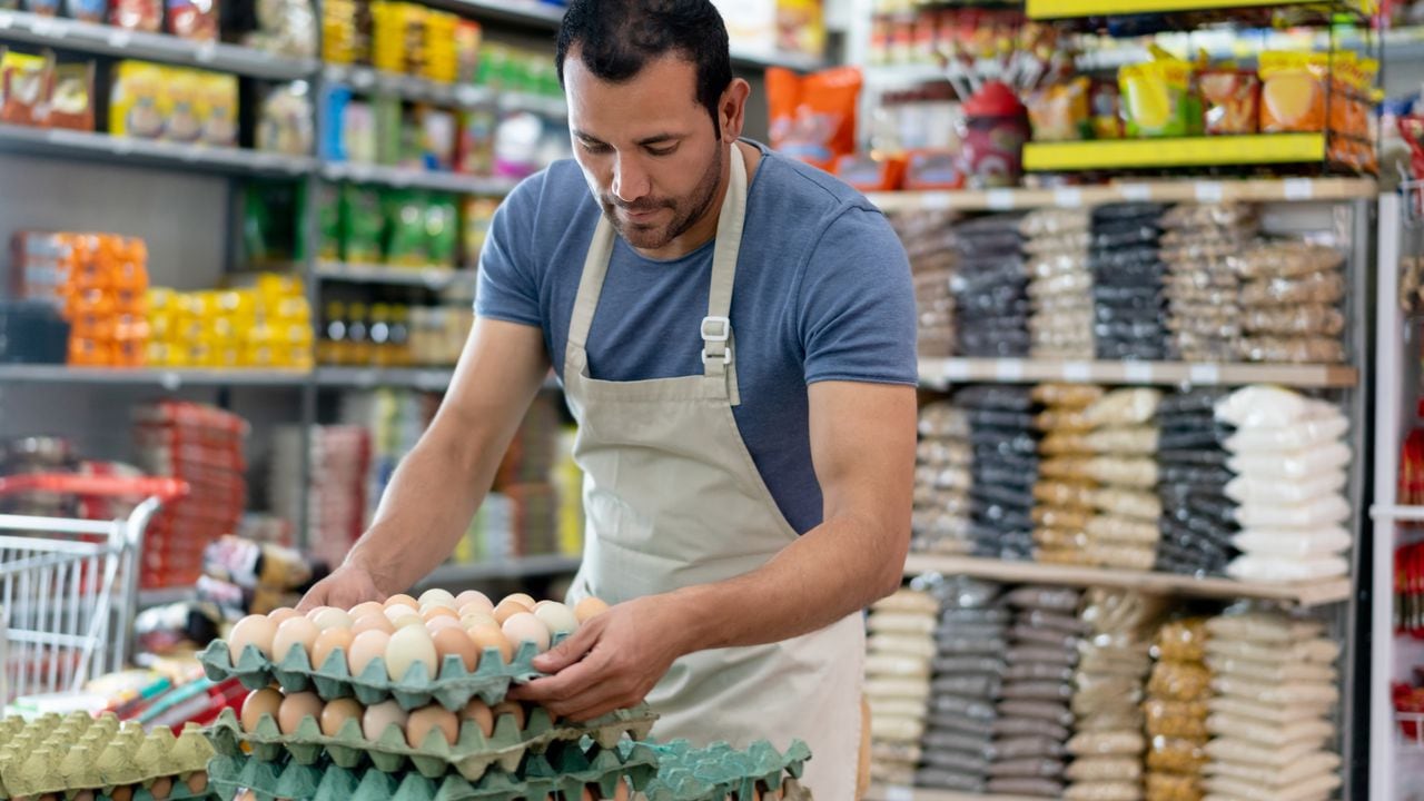 Latin american male business owner of a small market arranging the egg display - Small business concepts