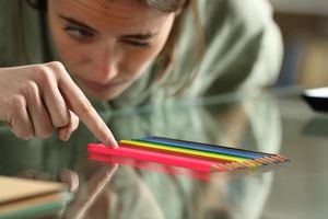 Obsessive compulsive woman aligning up pencils accurately on a glass table