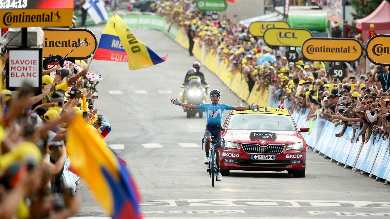 VALLOIRE, FRANCE - JULY 25: Nairo Quintana of Colombia and Movistar Team celebrates winning stage 18 of the 106th Tour de France 2019, a stage from Embrun to Valloire (208km) on July 25, 2019 in Valloire, France. (Photo by Jean Catuffe/Getty Images)