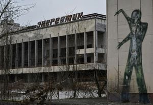 Una fotografía de archivo tomada el 8 de diciembre de 2020 muestra un grafiti en la pared de un edificio en la plaza central de la ciudad fantasma de Pripyat, no lejos de la planta de energía nuclear de Chernobyl ((Foto de GENYA SAVILOV / AFP)