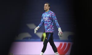 MADRID, SPAIN - FEBRUARY 19: Andriy Lunin of Real Madrid CF looks on prior the game during the LaLiga Santander match between Real Madrid CF and Deportivo Alaves at Estadio Santiago Bernabeu on February 19, 2022 in Madrid, Spain. (Photo by Diego Souto/Quality Sport Images/Getty Images)