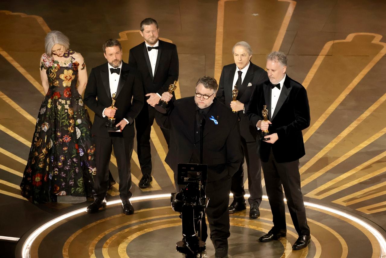 HOLLYWOOD, CALIFORNIA - MARCH 12: (L-R) Lisa Henson, Alexander Bulkley, Corey Campodonico, Guillermo del Toro, Gary Unger, and Mark Gustafson accept the Best Animated Feature Film award for "Guillermo del Toro's Pinocchio" onstage during the 95th Annual Academy Awards at Dolby Theatre on March 12, 2023 in Hollywood, California. (Photo by Kevin Winter/Getty Images)