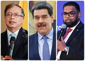Los presidentes de Colombia, Gustavo Petro; de Venezuela, Nicolás Maduro; y de Guyana, Irfaan Ali.