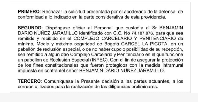 Juez negó cambiar el traslado del coronel Núñez a la cárcel La Picota.