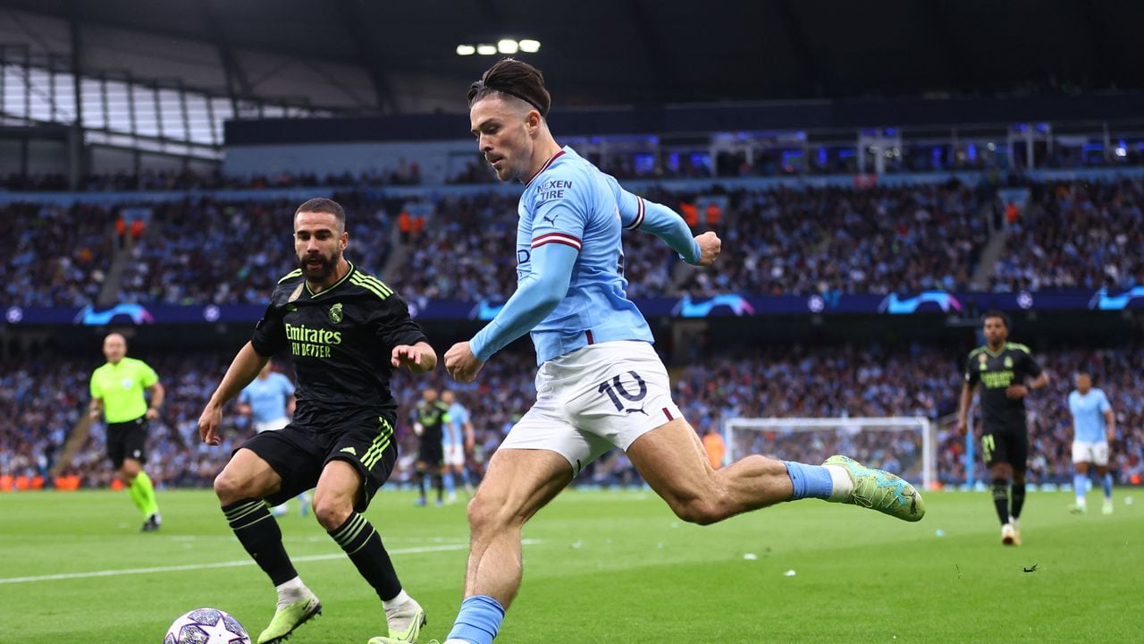 Soccer Football - Champions League - Semi Final - Second Leg - Manchester City v Real Madrid - Etihad Stadium, Manchester, Britain - May 17, 2023 Manchester City's Jack Grealish in action with Real Madrid's Dani Carvajal REUTERS/Carl Recine