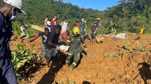 Pobladores y rescatistas entrenados unen fuerzas para buscar sobrevivientes en la tragedia en la vía entre Medellín y Chocó.