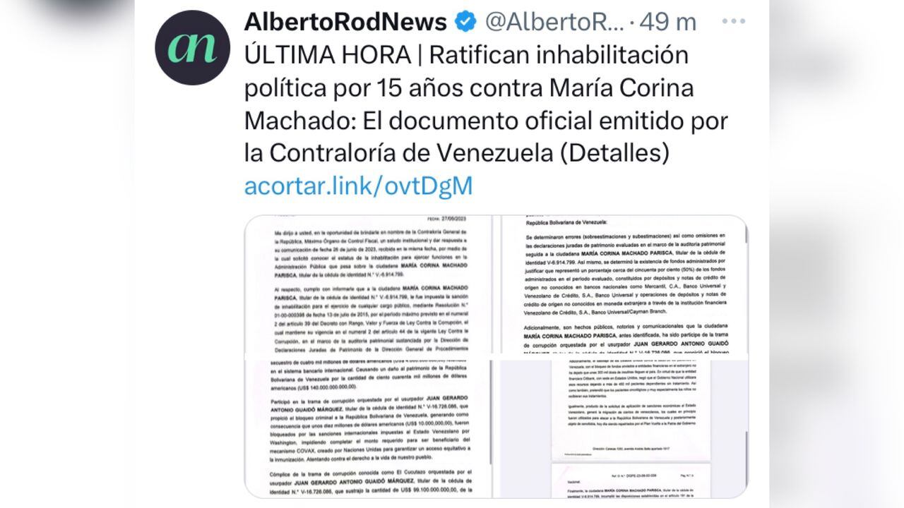 Ratifican inhabilitación política por 15 años contra María Corina Machado, informó Alberto News, al publicar el documento oficial emitido por la Contraloría de Venezuela
