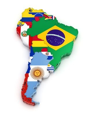 Map of South America with flags. Digitally generated 3d image. Isolated on white background.