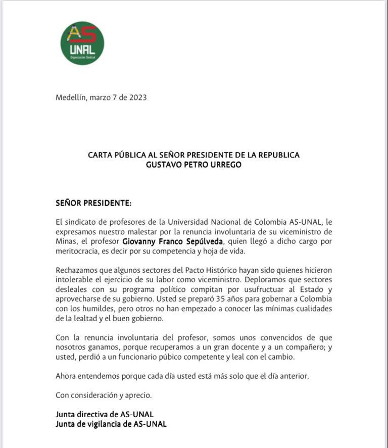 Carta enviada el presidente Gustavo Petro.