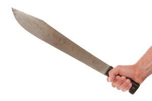 Man holding a machete, isolated on white