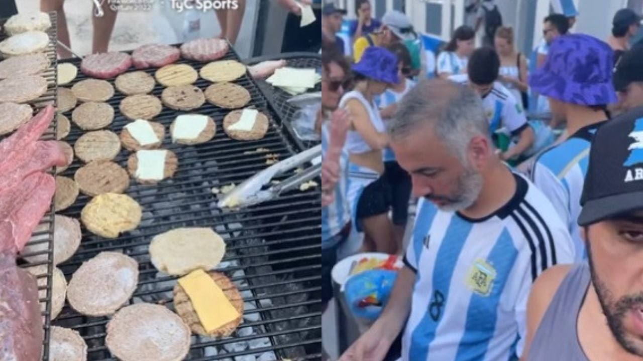 Los hinchas argentinos disfrutaron un asado en Qatar gracias a un jeque catarí. Foto: Captura TYC Sports.