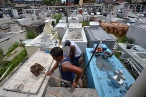Gravediggers work to bury a COVID-19 victim at the municipal cemetery in Abaetetuba, Para state, Brazil, on April 15, 2021. - Brazil's "failed" response to Covid-19 has driven the country to a "humanitarian catastrophe," Doctors Without Borders said on April 15, 2021, accusing President Jair Bolsonaro's government of making the health crisis even worse. (Photo by JOAO PAULO GUIMARAES / AFP)