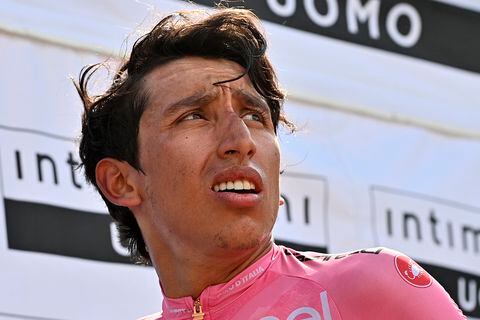 Race leader Egan Bernal is exhausted after the 19th stage of the Giro d'Italia cycling race, from Abbiategrasso to Alpe di Mera, Italy, Friday, May 28, 2021. (Marco Alpozzi/LaPresse via AP)