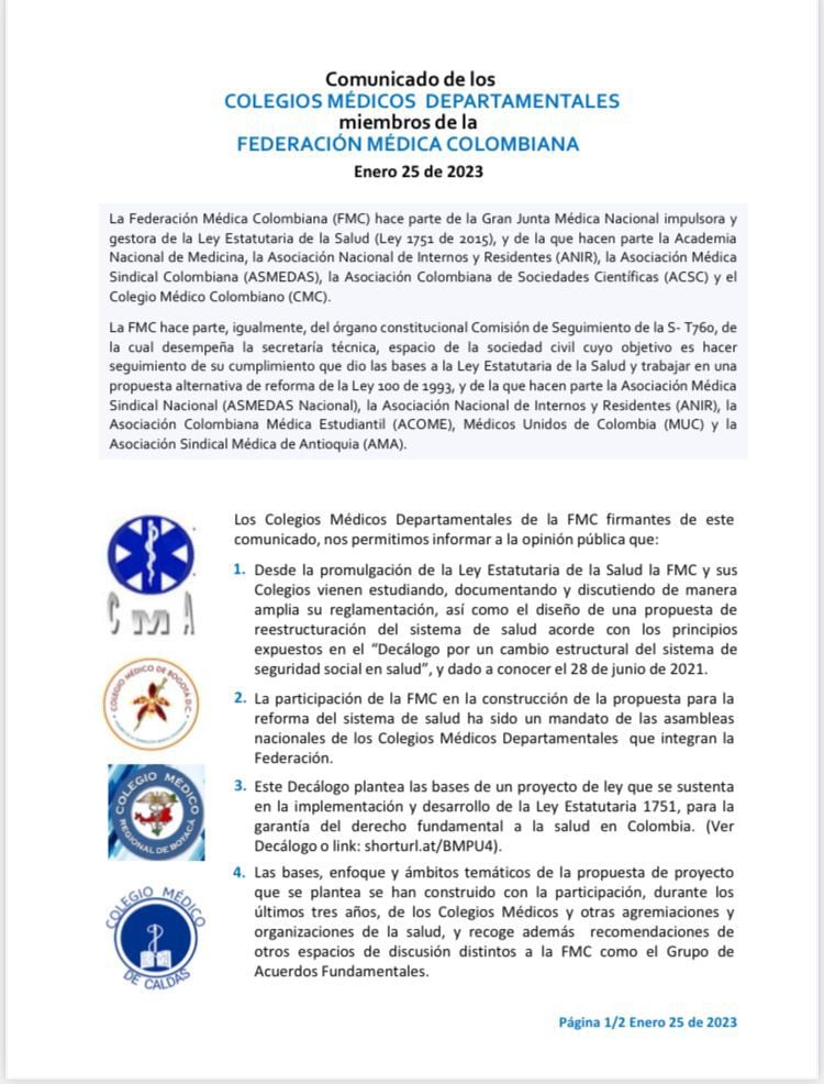 Comunicado de prensa de 16 Colegios Médicos de Colombia