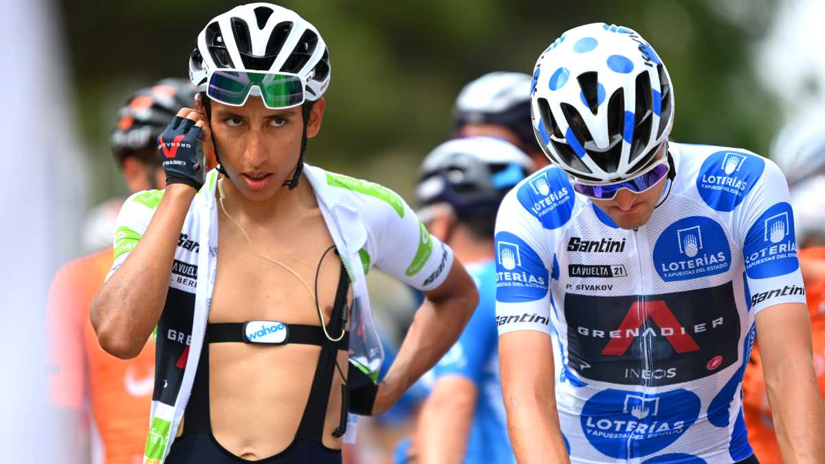 VELEFIQUE, SPAIN - AUGUST 22: (L-R) Egan Arley Bernal Gomez of Colombia white best young jersey and Pavel Sivakov of Russia and Team INEOS Grenadiers polka dot mountain jersey prepare for the race prior to the 76th Tour of Spain 2021, Stage 9 a 188 km stage from Puerto Lumbreras to Alto de Velefique 1800m / @lavuelta / #LaVuelta21 / on August 22, 2021 in Velefique, Spain. (Photo by Getty Images/Stuart Franklin)