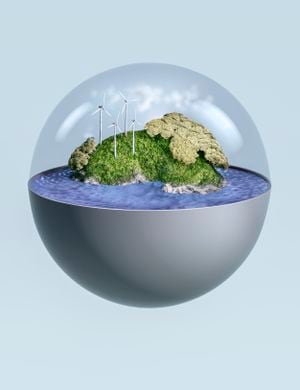 Una isla modelo se encuentra en el mar dentro de un globo terráqueo que representa la Tierra. La isla tiene árboles y turbinas eólicas que generan energía verde.