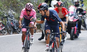 SEGA DI ALA, ITALY - MAY 26: Egan Arley Bernal Gomez of Colombia Pink Leader Jersey & Daniel Felipe Martinez Poveda of Colombia and Team INEOS Grenadiers during the 104th Giro d'Italia 2021, Stage 17 a 193km stage from Canazei to Sega di Ala 1246m / Drooped / #UCIworldtour / @girodiitalia / #Giro / on May 26, 2021 in Sega di Ala, Italy. (Photo by Luca Bettini - Pool/Getty Images)