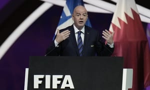 El presidente de la FIFA durante el Congreso de la FIFA, el 31 de marzo de 2022, en Doha, Qatar. (AP Foto/Hassan Ammar)