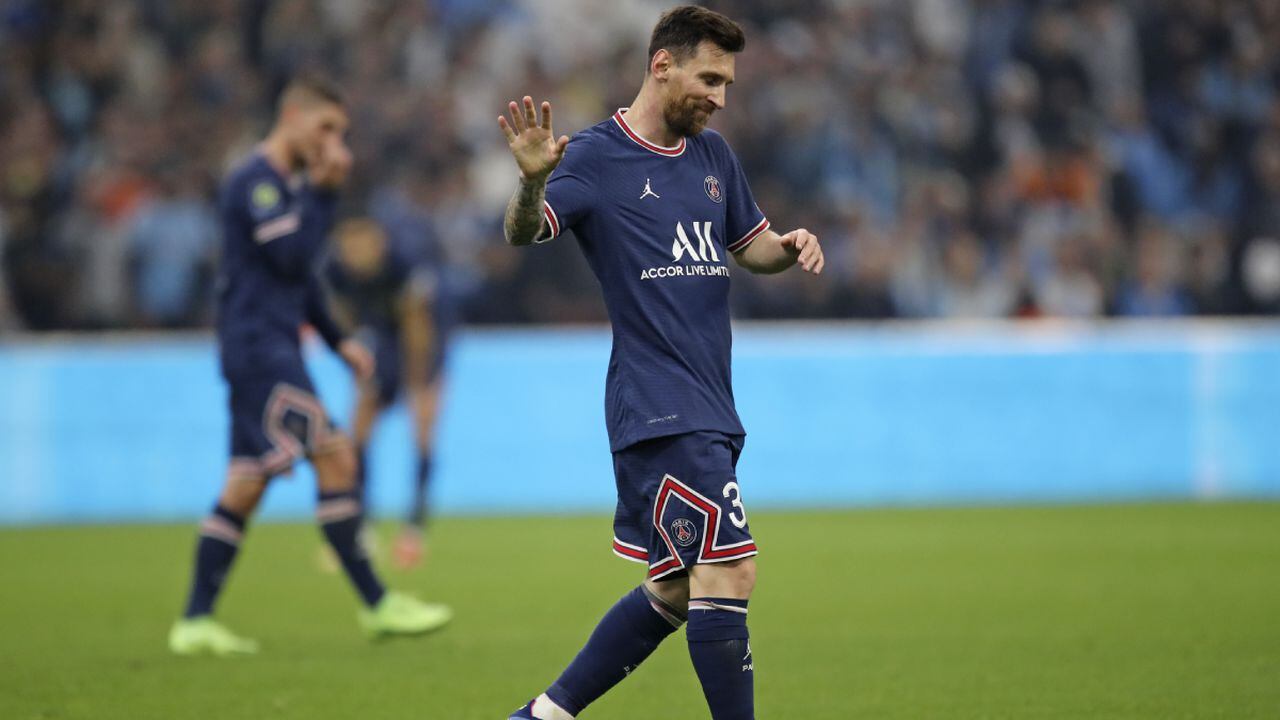 PSG's Lionel Messi gestures during the French League One soccer match between Marseille and Paris Saint-Germain in Marseille, France, Sunday, Oct. 24, 2021. (AP/Daniel Cole)